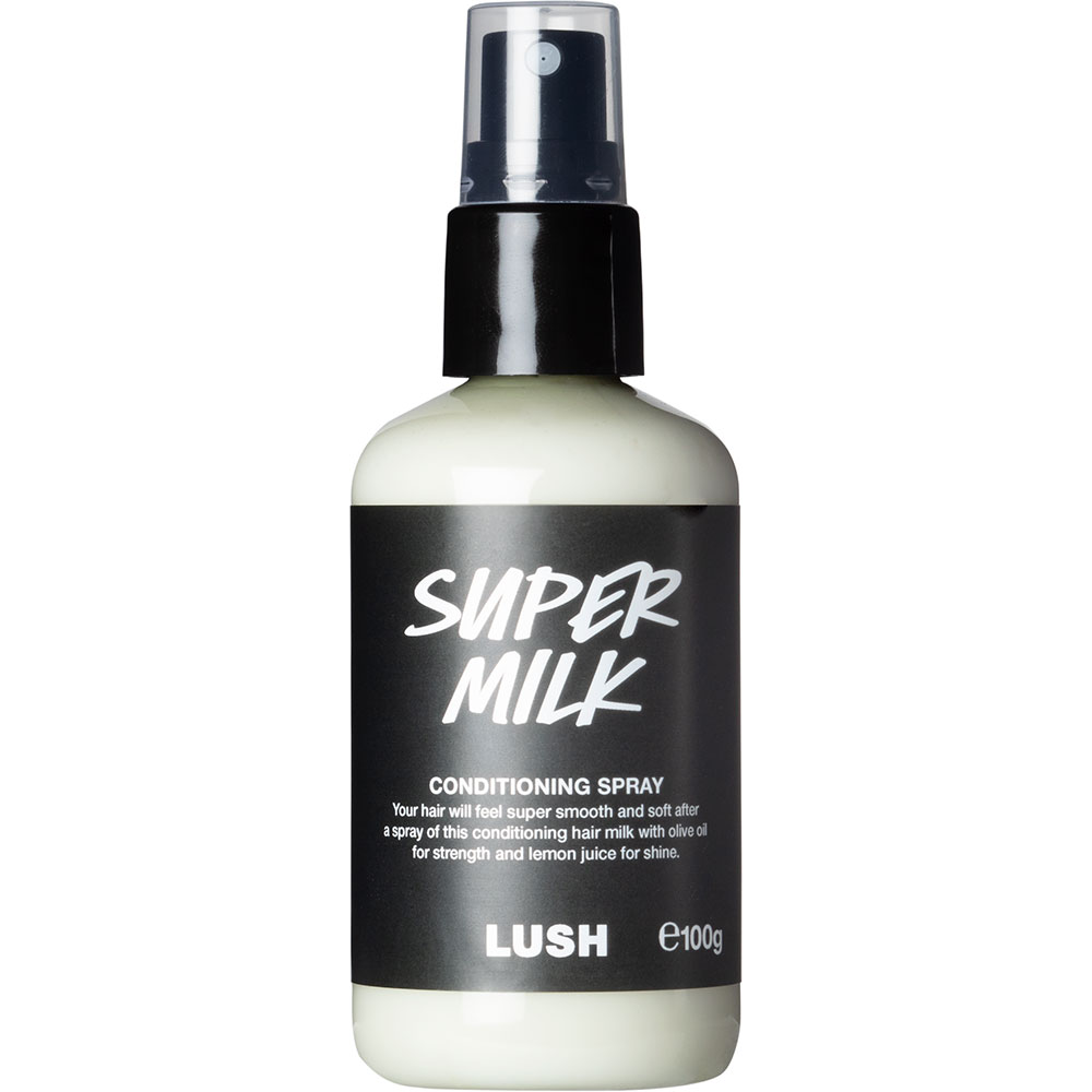 Hair кондиционеры отзывы. Super Milk кондиционирующий спрей для волос. Спрей для волос от lush. Lush кондиционер для волос. Супер Милк lush спрей.
